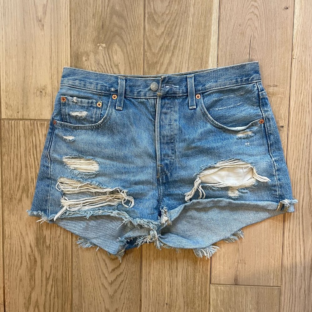 501 Medium Wash High-Rise Distressed Denim Shorts